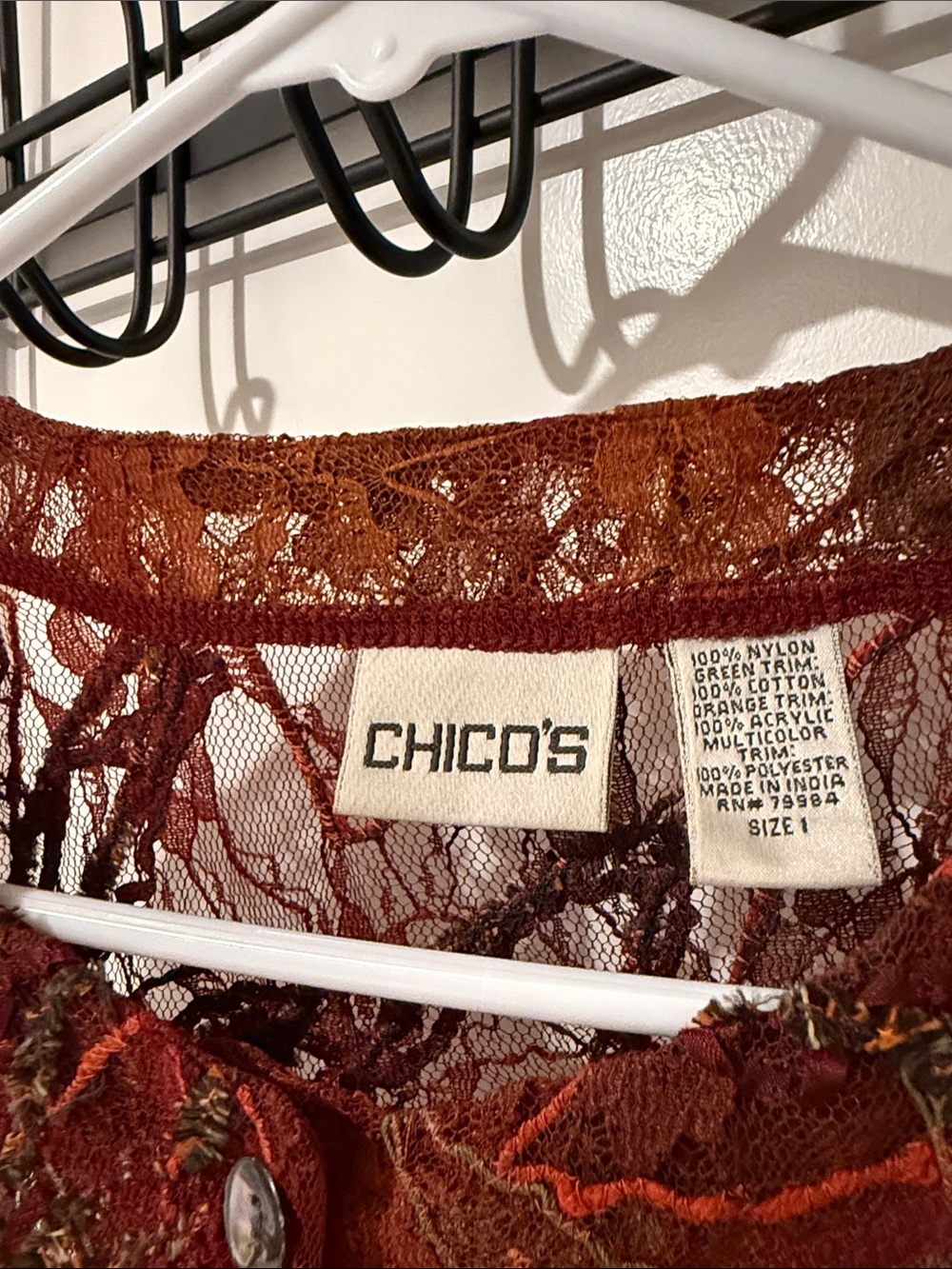 Chico's Rust, Olive & Burnt Orange Embroidered Lace Button-Down Shirt - Picture 2 of 5
